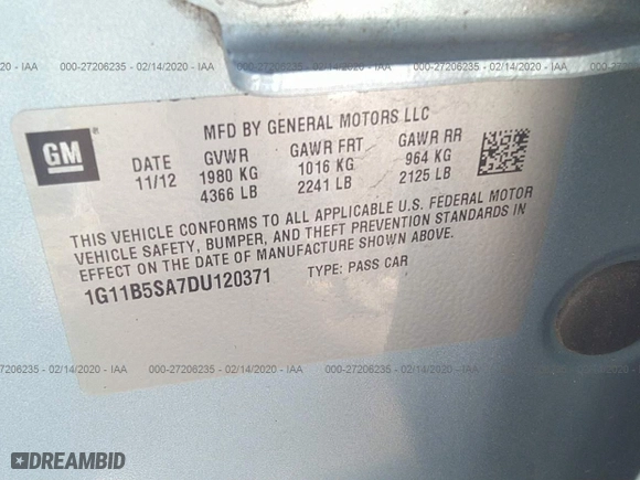 2013 Chevrolet Malibu LS with VIN 1G11B5SA7DU120371, listed as a IAAI auction lot 27206235 with 107,000 mi miles. Bid and sale history available at carsss.com. Image 9.