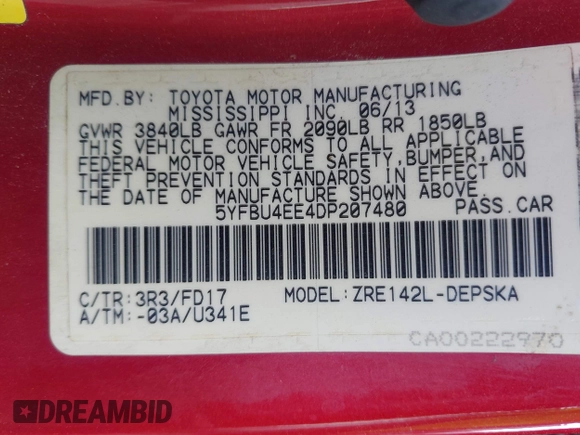 2013 Toyota Corolla L with VIN 5YFBU4EE4DP207480, listed as a IAAI auction lot 42060919 with 129,193 mi miles. Bid and sale history available at carsss.com. Image 9.