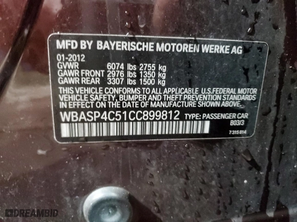 2012 BMW 5 Series Gran Turismo 550i xDrive with VIN WBASP4C51CC899812, listed as a Copart auction lot 84320764 with 92,429 mi miles and Clean Title. Bid and sale history available at carsss.com. Image 12.