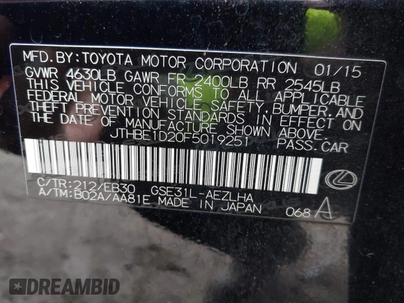 2015 Lexus IS 350 with VIN JTHBE1D20F5019251, listed as a IAAI auction lot 41250626 with 87,351 mi miles and . Bid and sale history available at DreamBid. Image 9.