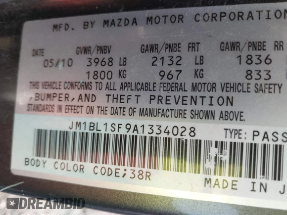 2010 Mazda 3 i SV with VIN JM1BL1SF9A1334028, listed as a IAAI auction lot 41743683 with 167,534 mi miles and . Bid and sale history available at DreamBid. Image 9.
