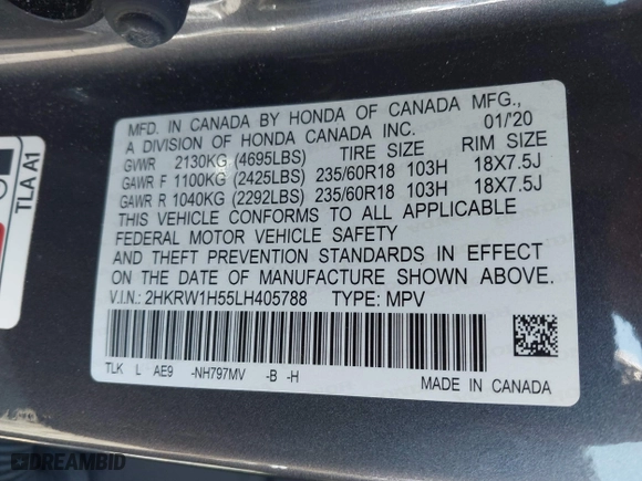 2020 Honda CR-V EX with VIN 2HKRW1H55LH405788, listed as a IAAI auction lot 41827036 with 47,056 mi miles. Bid and sale history available at carsss.com. Image 9.