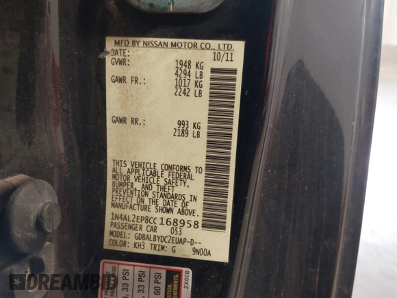2012 Nissan Altima 2.5 S with VIN 1N4AL2EP8CC168958, listed as a IAAI auction lot 41766802 with 115,275 mi miles. Bid and sale history available at carsss.com. Image 9.