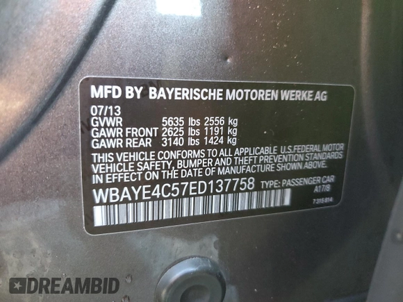 2014 BMW 7 Series 740Li with VIN WBAYE4C57ED137758, listed as a Copart auction lot 42347085 with 121,776 mi miles and Salvage Title. Bid and sale history available at carsss.com. Image 13.
