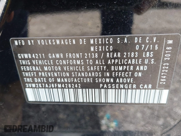 2015 Volkswagen Jetta S с VIN 3VW2K7AJ6FM428242, выставлен на аукционе IAAI как лот 42193282 с пробегом 150 902 миль миль и . История ставок и продаж доступна на DreamBid. Изображение 9.