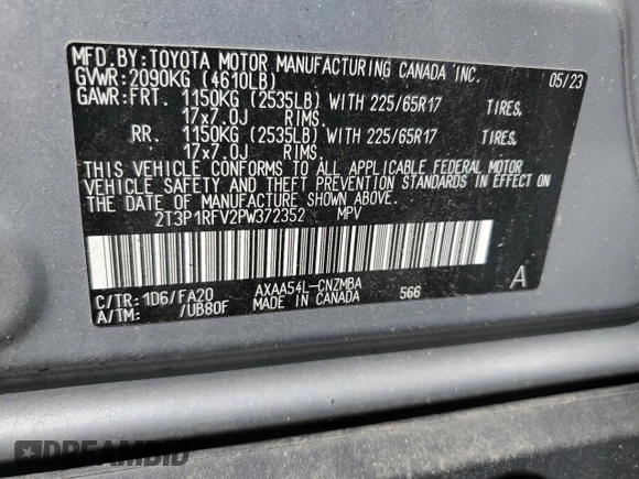 2023 Toyota RAV4 XLE with VIN 2T3P1RFV2PW372352, listed as a Copart auction lot 63701695 with 45,878 mi miles and Salvage title. Bid and sale history available at DreamBid. Image 13.