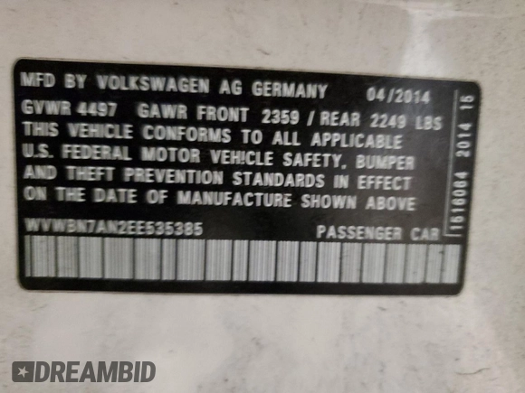 2014 Volkswagen CC R-Line with VIN WVWBN7AN2EE535385, listed as a Copart auction lot 81300224 with 91,953 mi miles and Salvage Title. Bid and sale history available at carsss.com. Image 12.