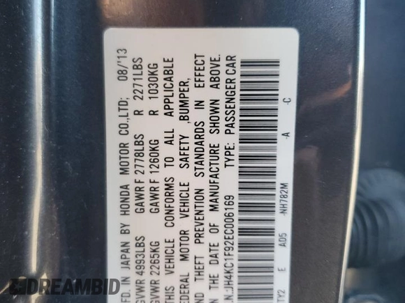 2014 Acura RLX Advance z VIN JH4KC1F92EC006169, wystawiony jako Copart lot #70839524 z przebiegiem Nie podano mil oraz Szkoda całkowita • Salvage title. Historia ofert i sprzedaży dostępna na DreamBid. Obrazek 13.