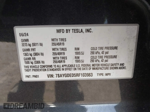 2024 Tesla Model Y with VIN 7SAYGDED5RF103983, listed as a IAAI auction lot 41933836 with 11,398 mi miles and . Bid and sale history available at DreamBid. Image 9.