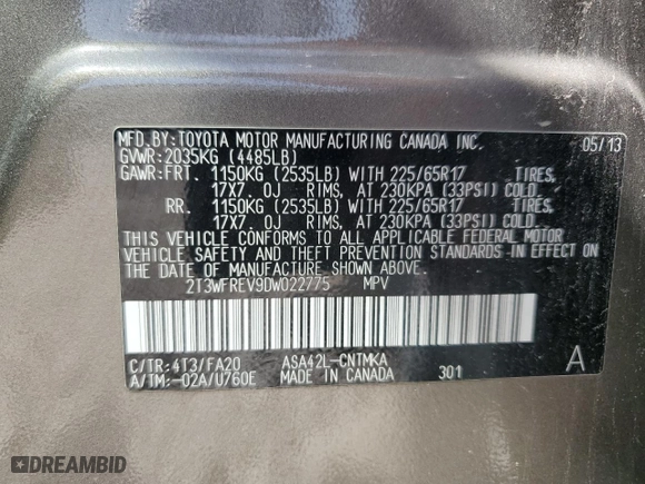 2013 Toyota RAV4 XLE with VIN 2T3WFREV9DW022775, listed as a Copart auction lot 49876315 with 132,953 mi miles and Salvage Title. Bid and sale history available at carsss.com. Image 13.