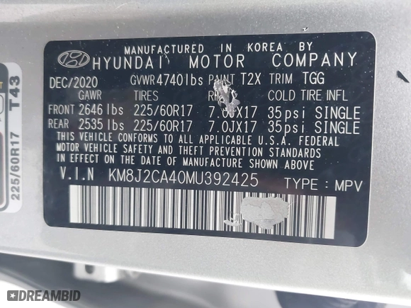 2021 Hyundai Tucson SE with VIN KM8J2CA40MU392425, listed as a IAAI auction lot 41706694 with 103,603 mi miles. Bid and sale history available at carsss.com. Image 9.