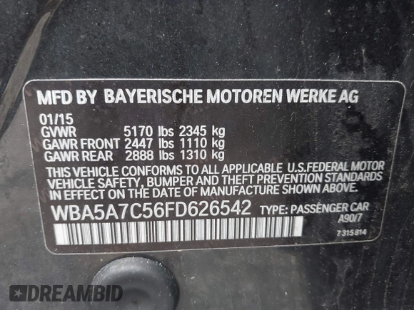 2015 BMW 5 Series 528i xDrive with VIN WBA5A7C56FD626542, listed as a IAAI auction lot 42214621 with 101,826 mi miles and . Bid and sale history available at DreamBid. Image 9.