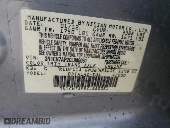 2012 Nissan Versa S with VIN 3N1CN7AP2CL880051, listed as a Copart auction lot 48920745 with 109,769 mi miles and Clean Title. Bid and sale history available at carsss.com. Image 12.