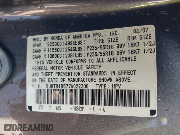 2007 Acura RDX Tech Pkg with VIN 5J8TB18577A022306, listed as a IAAI auction lot 41757944 with 257,203 mi miles. Bid and sale history available at carsss.com. Image 9.