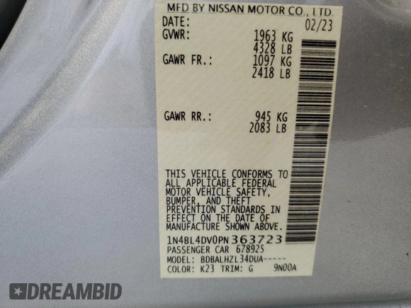 2023 Nissan Altima 2.5 SV with VIN 1N4BL4DV0PN363723, listed as a Copart auction lot 53908475 with 66,316 mi miles and Clean Title. Bid and sale history available at carsss.com. Image 12.