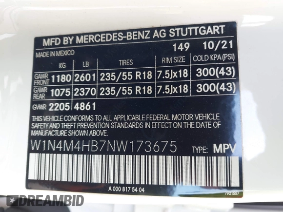2022 Mercedes-Benz GLB 250 z VIN W1N4M4HB7NW173675, wystawiony jako IAAI lot #41744858 z przebiegiem 20 909 mil mil oraz . Historia ofert i sprzedaży dostępna na DreamBid. Obrazek 9.