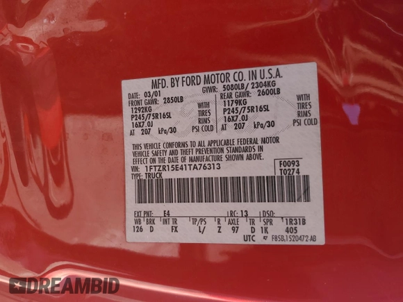 2001 Ford Ranger XL Fleet with VIN 1FTZR15E41TA76313, listed as a Copart auction lot 49707725 with 170,609 mi miles and Clean Title. Bid and sale history available at DreamBid. Image 12.