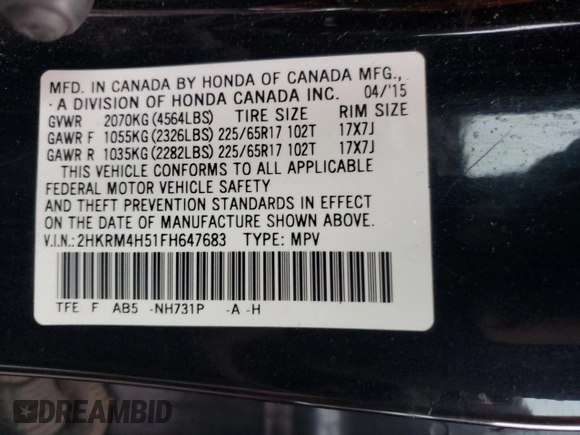 2015 Honda CR-V EX with VIN 2HKRM4H51FH647683, listed as a Copart auction lot 75512454 with 267,542 mi miles and Salvage Title. Bid and sale history available at DreamBid. Image 13.