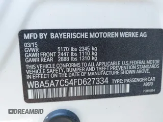 2015 BMW 5 Series 528i xDrive with VIN WBA5A7C54FD627334, listed as a IAAI auction lot 41904365 with 144,316 mi miles and . Bid and sale history available at DreamBid. Image 9.
