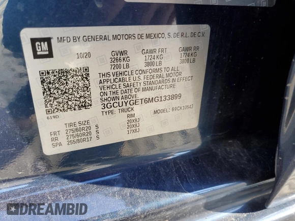 2021 Chevrolet Silverado 1500 LTZ with VIN 3GCUYGET6MG133899, listed as a Copart auction lot 80316094 with Not Provided miles and Salvage Title. Bid and sale history available at DreamBid. Image 12.