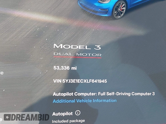 2020 Tesla Model 3 Performance z VIN 5YJ3E1ECXLF641945, wystawiony jako IAAI lot #41337826 z przebiegiem 53 336 mil mil oraz . Historia ofert i sprzedaży dostępna na DreamBid. Obrazek 15.