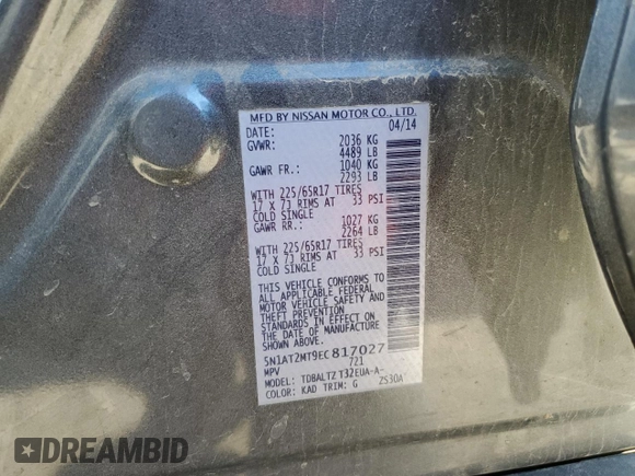 2014 Nissan Rogue S z VIN 5N1AT2MT9EC817027, wystawiony jako Copart lot #88221235 z przebiegiem Nie podano mil oraz Szkoda całkowita • Salvage title. Historia ofert i sprzedaży dostępna na DreamBid. Obrazek 15.