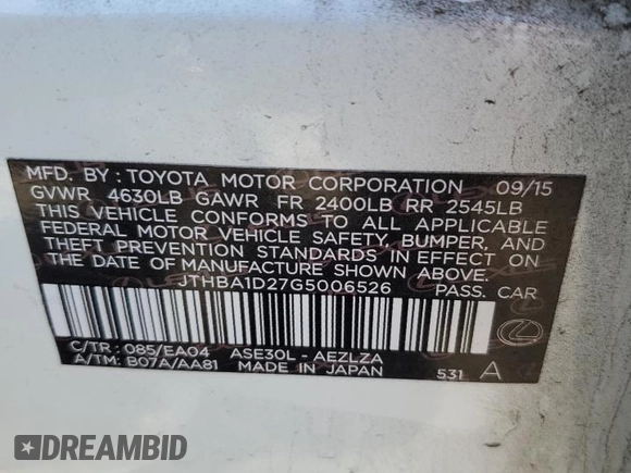 2016 Lexus IS 200t with VIN JTHBA1D27G5006526, listed as a Copart auction lot 54892685 with 194,155 mi miles and Salvage Title. Bid and sale history available at DreamBid. Image 12.
