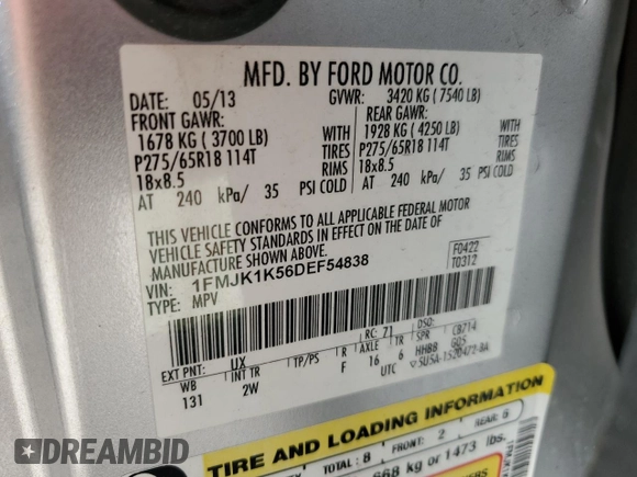 2013 Ford Expedition Max Limited with VIN 1FMJK1K56DEF54838, listed as a Copart auction lot 67055604 with 146,879 mi miles and Salvage title. Bid and sale history available at DreamBid. Image 15.