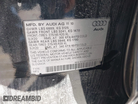 2011 Audi Q7 3.0T S line Prestige with VIN WA1DGBFE8BD005173, listed as a IAAI auction lot 41270572 with 104,732 mi miles. Bid and sale history available at carsss.com. Image 9.