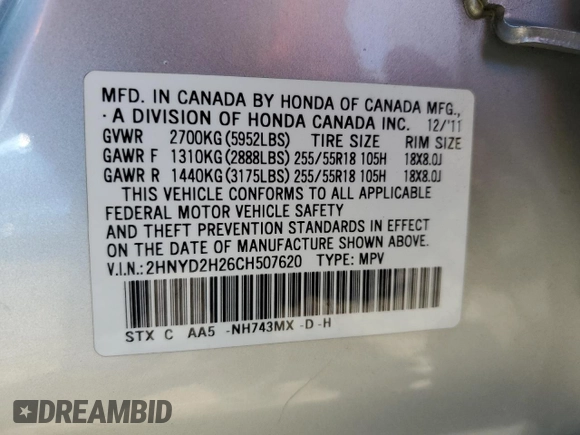 2012 Acura MDX with VIN 2HNYD2H26CH507620, listed as a Copart auction lot 52337315 with 121,624 mi miles and Salvage title. Bid and sale history available at DreamBid. Image 13.