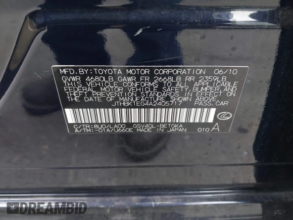 2010 Lexus ES 330 z VIN JTHBK1EG4A2405717, wystawiony jako IAAI lot #42329195 z przebiegiem 118 157 mil mil oraz . Historia ofert i sprzedaży dostępna na DreamBid. Obrazek 9.