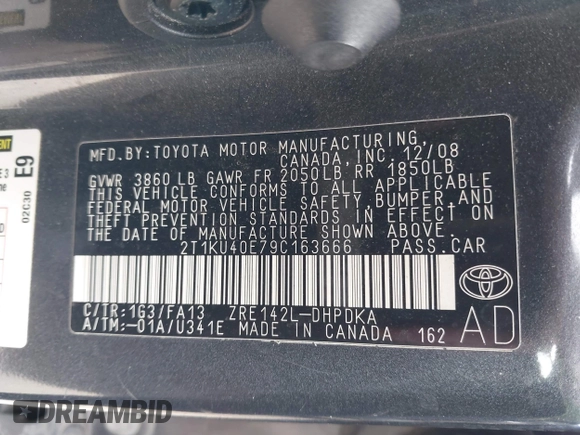 2009 Toyota Matrix with VIN 2T1KU40E79C163666, listed as a IAAI auction lot 41708972 with 182,808 mi miles and . Bid and sale history available at carsss.com. Image 9.