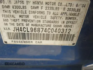 2004 Acura TSX z VIN JH4CL96874C040312, wystawiony jako IAAI lot #42315339 z przebiegiem 274 071 mil mil oraz . Historia ofert i sprzedaży dostępna na DreamBid. Obrazek 9.