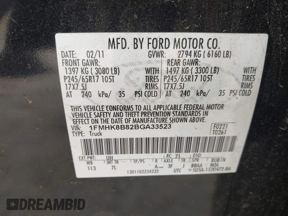 2011 Ford Explorer with VIN 1FMHK8B82BGA33523, listed as a IAAI auction lot 42151861 with 206,419 mi miles and . Bid and sale history available at DreamBid. Image 9.