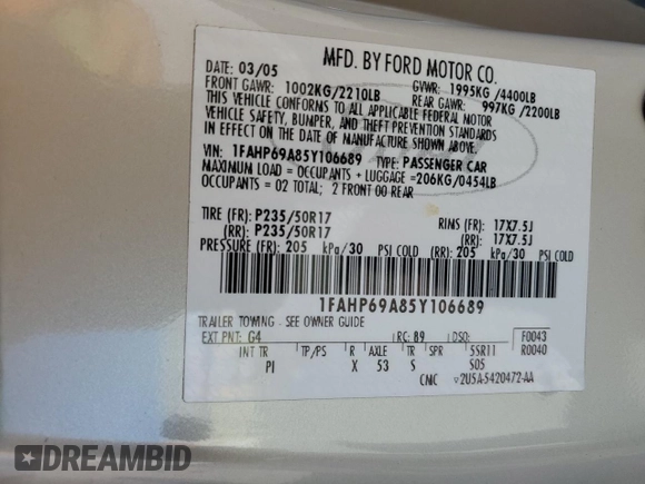 2005 Ford Thunderbird 50th Anniversary with VIN 1FAHP69A85Y106689, listed as a Copart auction lot 41338295 with 104,128 mi miles and Clean Title. Bid and sale history available at DreamBid. Image 12.