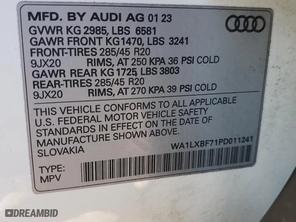 2023 Audi Q7 Premium Plus with VIN WA1LXBF71PD011241, listed as a Copart auction lot 44404155 with 26,833 mi miles and Salvage Title. Bid and sale history available at carsss.com. Image 14.