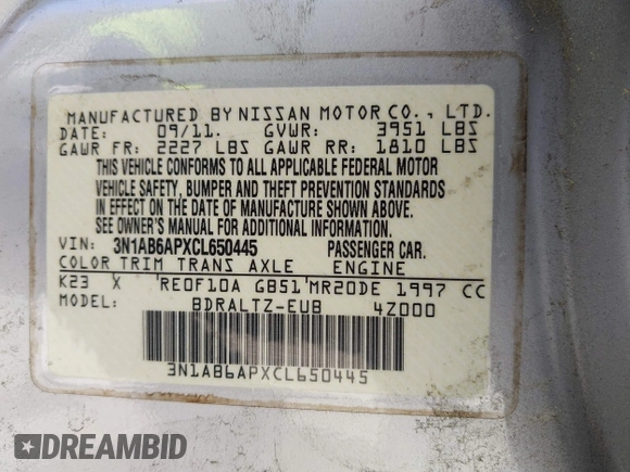 2012 Nissan Sentra 2.0 with VIN 3N1AB6APXCL650445, listed as a IAAI auction lot 42084630 with 158,014 mi miles and . Bid and sale history available at DreamBid. Image 9.