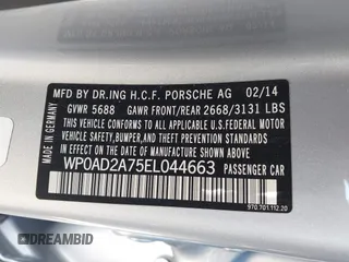2014 Porsche Panamera S E-Hybrid with VIN WP0AD2A75EL044663, listed as a IAAI auction lot 41818381 with 44,194 mi miles and . Bid and sale history available at DreamBid. Image 9.