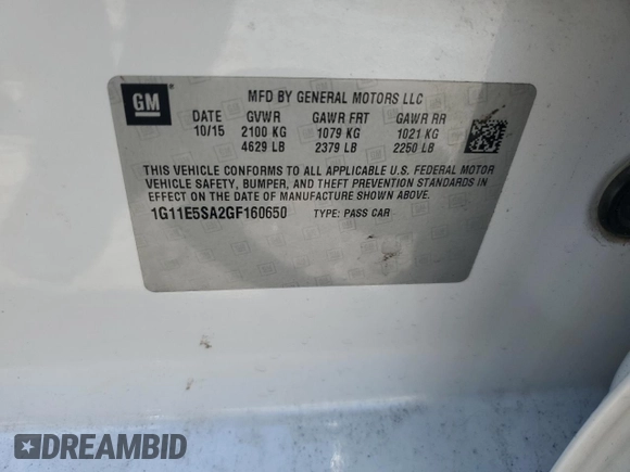 2016 Chevrolet Malibu Limited LTZ with VIN 1G11E5SA2GF160650, listed as a Copart auction lot 61102264 with 121,906 mi miles and Salvage Title. Bid and sale history available at carsss.com. Image 14.