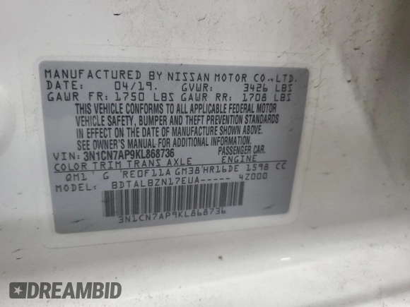 2019 Nissan Versa SV z VIN 3N1CN7AP9KL868736, wystawiony jako Copart lot #85784744 z przebiegiem 69 845 mil mil oraz Szkoda całkowita • Salvage title. Historia ofert i sprzedaży dostępna na DreamBid. Obrazek 14.