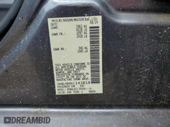 2020 Nissan Altima S with VIN 1N4BL4BV6LC143818, listed as a Copart auction lot 59557395 with 134,860 mi miles and Salvage title. Bid and sale history available at DreamBid. Image 12.