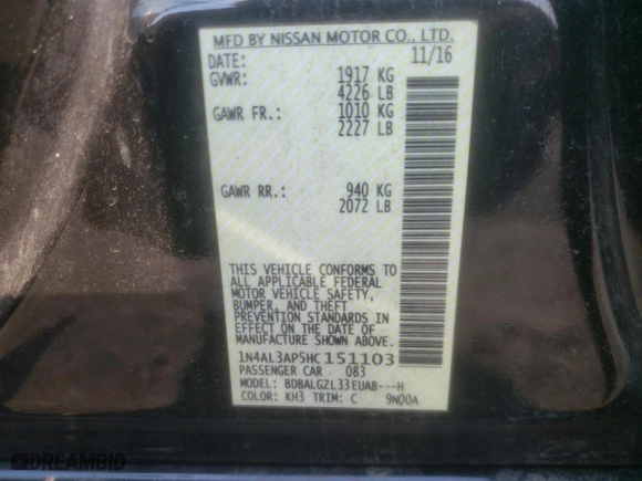 2017 Nissan Altima 2.5 SR with VIN 1N4AL3AP5HC151103, listed as a Copart auction lot 61390774 with 76,748 mi miles and Salvage Title. Bid and sale history available at carsss.com. Image 12.