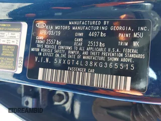 2019 Kia Optima LX with VIN 5XXGT4L38KG365515, listed as a IAAI auction lot 41829120 with 86,510 mi miles. Bid and sale history available at carsss.com. Image 9.