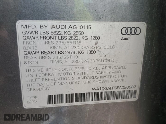 2015 Audi Q5 Premium Plus with VIN WA1DGAFP6FA090582, listed as a Copart auction lot 56689595 with 122,907 mi miles and Salvage title. Bid and sale history available at DreamBid. Image 13.