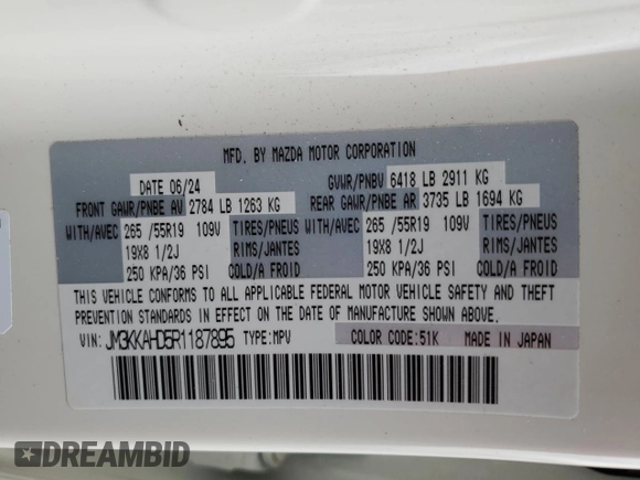 2024 Mazda CX-90 Select z VIN JM3KKAHD5R1187895, wystawiony jako Copart lot #53903385 z przebiegiem 4 639 mil mil oraz Szkoda całkowita • Salvage title. Historia ofert i sprzedaży dostępna na DreamBid. Obrazek 13.