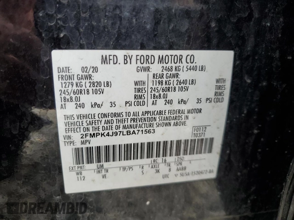 2020 Ford Edge SEL with VIN 2FMPK4J97LBA71563, listed as a Copart auction lot 48284325 with 78,297 mi miles and Salvage Title. Bid and sale history available at DreamBid. Image 13.