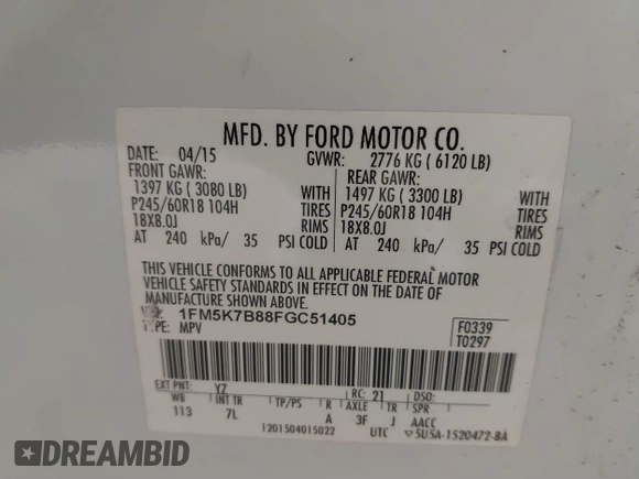 2015 Ford Explorer with VIN 1FM5K7B88FGC51405, listed as a IAAI auction lot 41731525 with 243,859 mi miles and . Bid and sale history available at DreamBid. Image 9.