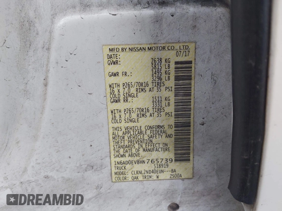 2017 Nissan Frontier SV with VIN 1N6AD0EV8HN765739, listed as a IAAI auction lot 42118530 with 132,050 mi miles and . Bid and sale history available at DreamBid. Image 9.