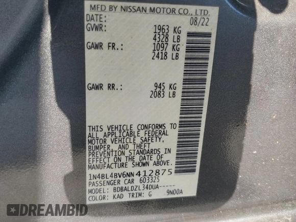 2022 Nissan Altima 2.5 S with VIN 1N4BL4BV6NN412875, listed as a Copart auction lot 86473764 with 9,389 mi miles and Salvage Title. Bid and sale history available at carsss.com. Image 12.