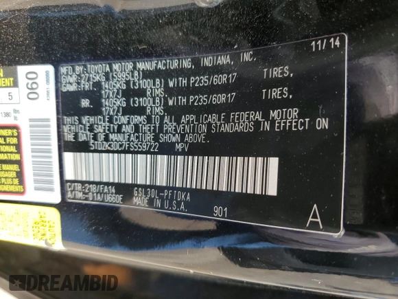 2015 Toyota Sienna L z VIN 5TDZK3DC7FS559722, wystawiony jako Copart lot #59285755 z przebiegiem 104 231 mil mil oraz Szkoda całkowita • Salvage title. Historia ofert i sprzedaży dostępna na DreamBid. Obrazek 13.